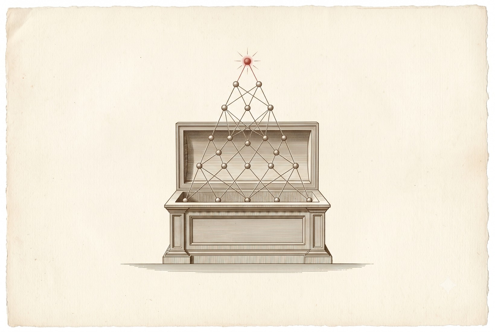 Engraved plate: an opened arca revealing a rising lattice of data