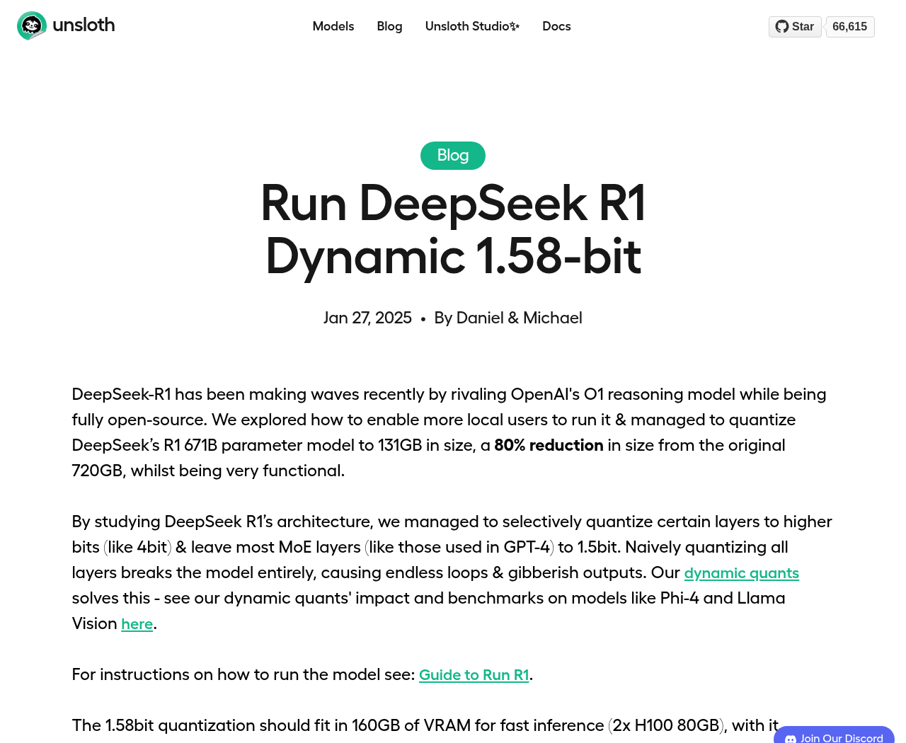 Unsloth DeepSeek-R1 blog post